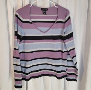 New York & Co Striped V-neck Sweater-Size L, Sparkle Silver, Blue, Purple, Black